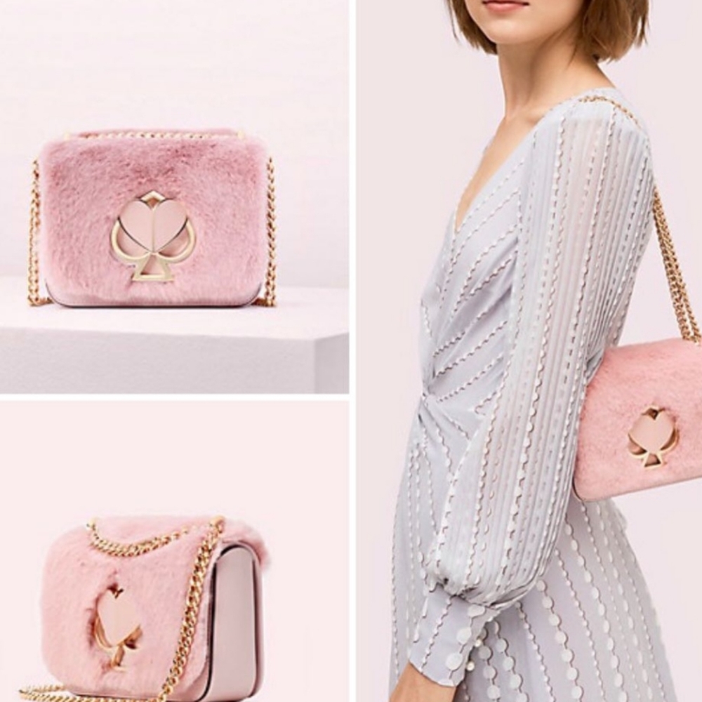 Kate Spade Nicola Faux Fur Twistlock Chain Wallet in WinterPink NWOT